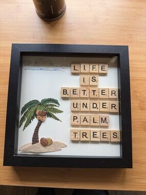 Framed Palm Tree Wall Art with Scrabble Tiles - Black Frame